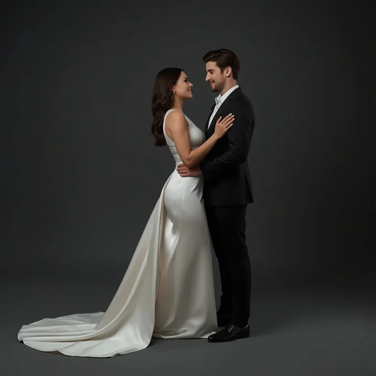 Chic Romantic Couple in Modern White Satin Attire | Elegant Modern Couple