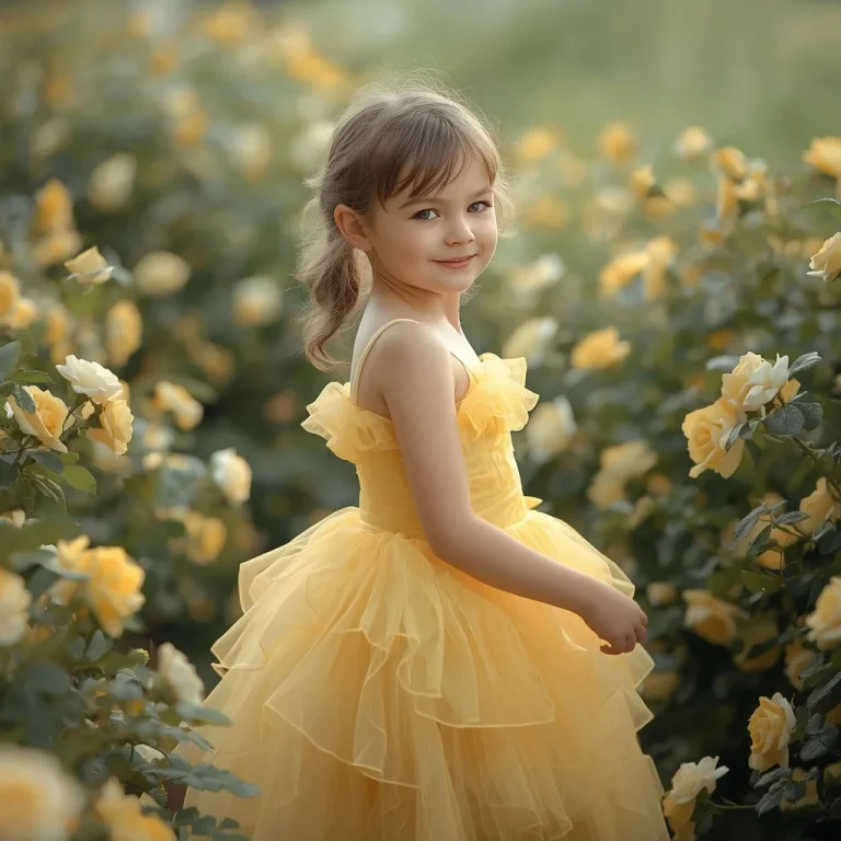 Cute Girl In Yellow Chiffon Ruffle Party Dress | Whimsical Romantic Portrait