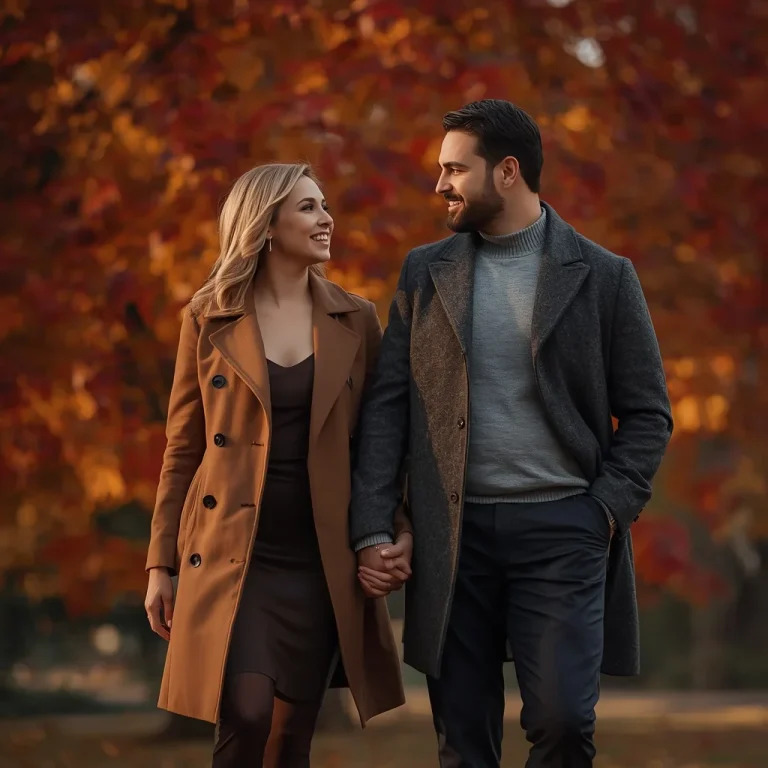 Elegant Couple Strolling Through an Autumn Park at Sunset | Prompt seen married couple ai photo free