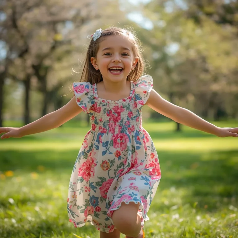 Joyful Girl in a Vibrant Floral Dress for a Sunny Outdoor Picnic | Look Girl Prompt