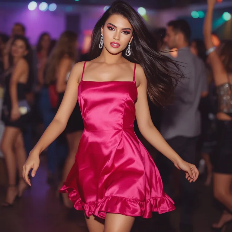 Party Wear: Bright Pink Satin Mini Dress with Ruffled Hem | gemini ai photo prompt