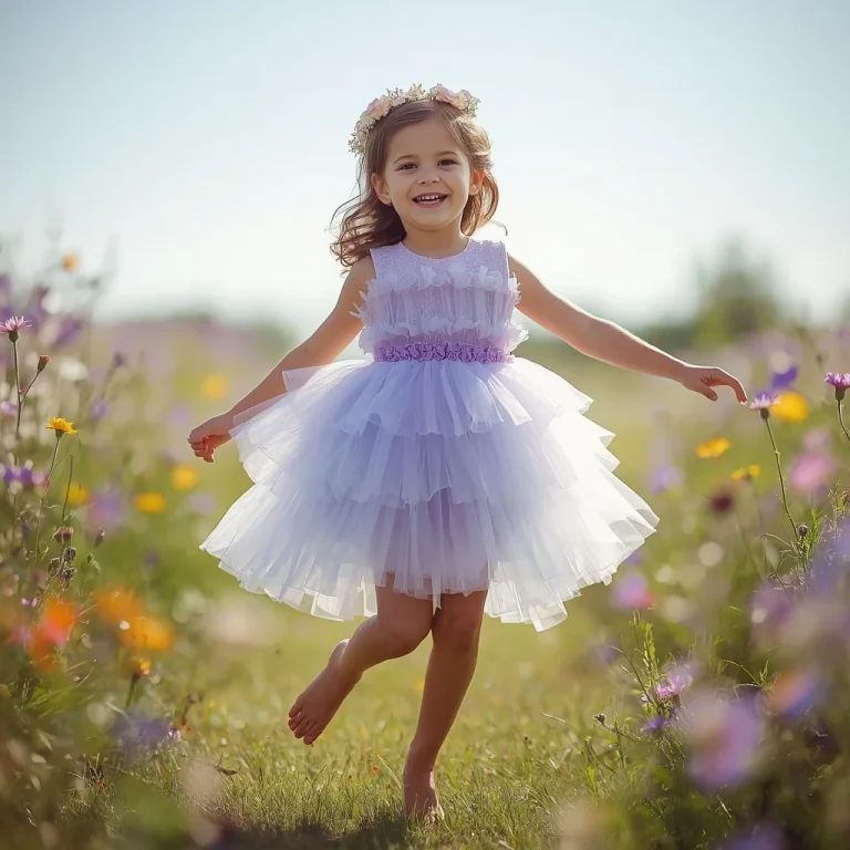 Playful Girl in a Tiered Tulle Dress at a Whimsical Photo Shoot | Girl Dress Prompt