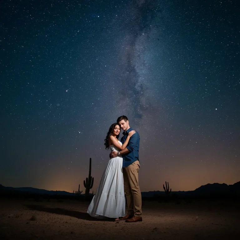 Romantic Couple Embracing Under Starry Night Desert Sky | Realistic Couple Prompt