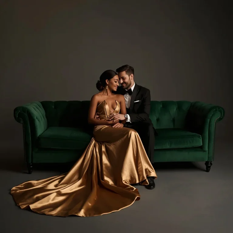 Romantic Couple Sitting On Velvet Sofa In Golden Light | Elegant Romantic Couple