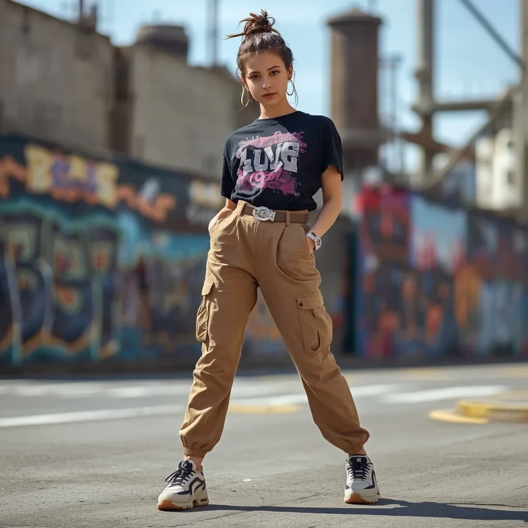 Trendy Girl in a Graphic Tee and Cargo Pants for an Urban Outing | Stylish Girl Prompt
