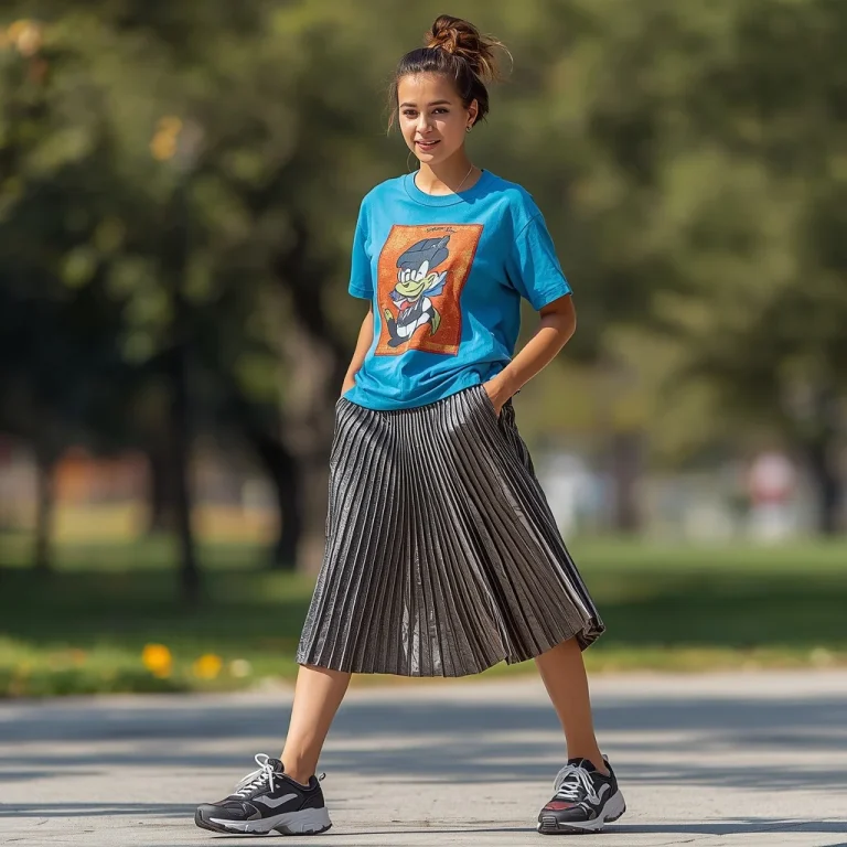 Trendy Girl in a Graphic Tee and Pleated Skirt for a Casual Outing | Girl Pic Prompt
