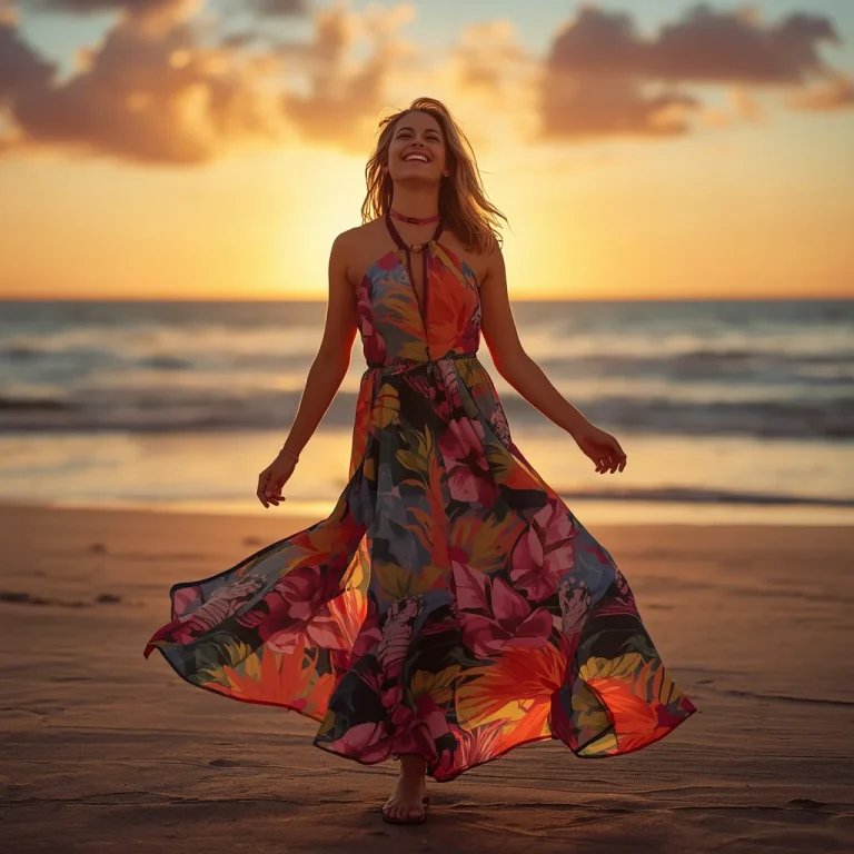Vibrant Tropical Party: Flowy Maxi Dress by the Ocean | Prompt AI for girl