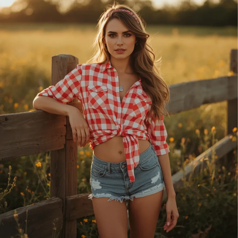 Western Themed Fashion: Gingham Shirt with Distressed Denim Shorts | Prompt for traditional look for girl ChatGPT